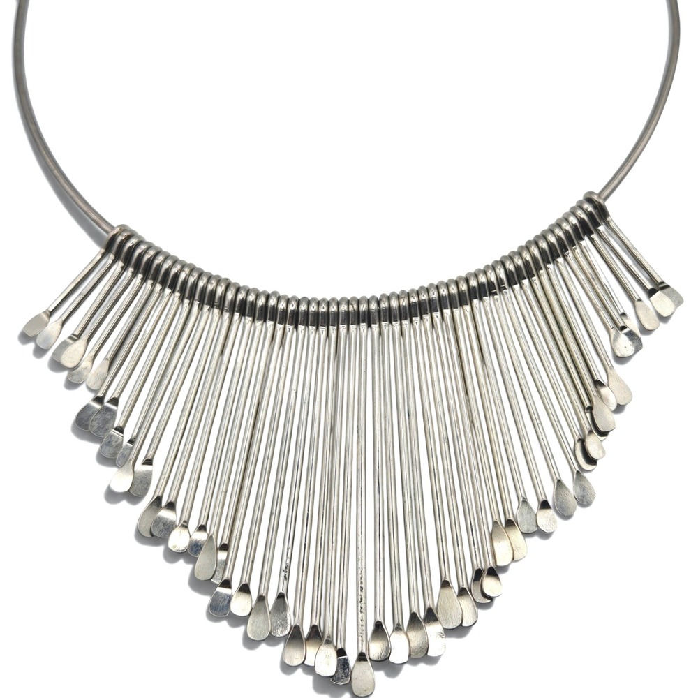 Silver Tone Bib Fringe Collar Necklace Graduated Paddle Tip Drop Statement